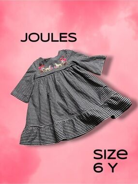 Joules Black & White Gingham Dress with Floral Embroidery Size 6 Y